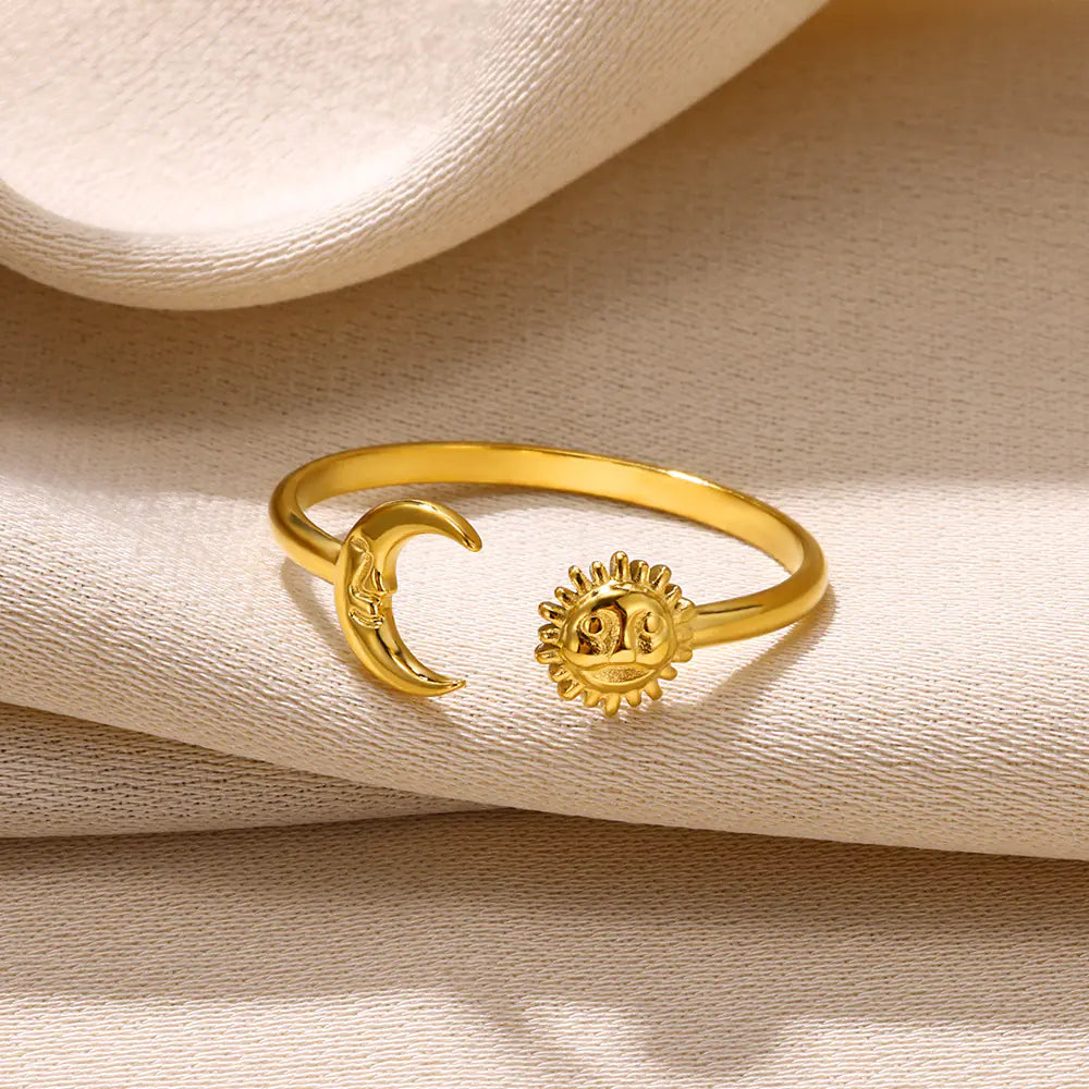 Geometric Stainless Steel Ring with Moon and Leaf Design