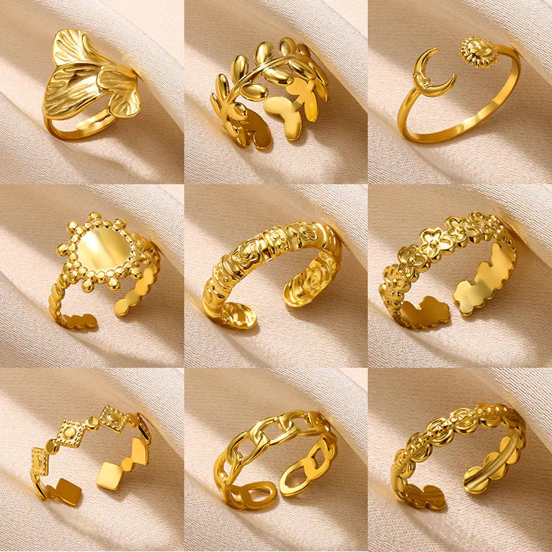 Geometric Stainless Steel Ring with Moon and Leaf Design