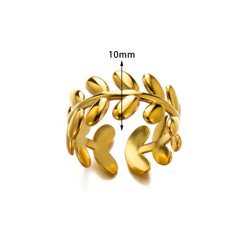 Geometric Stainless Steel Ring with Moon and Leaf Design