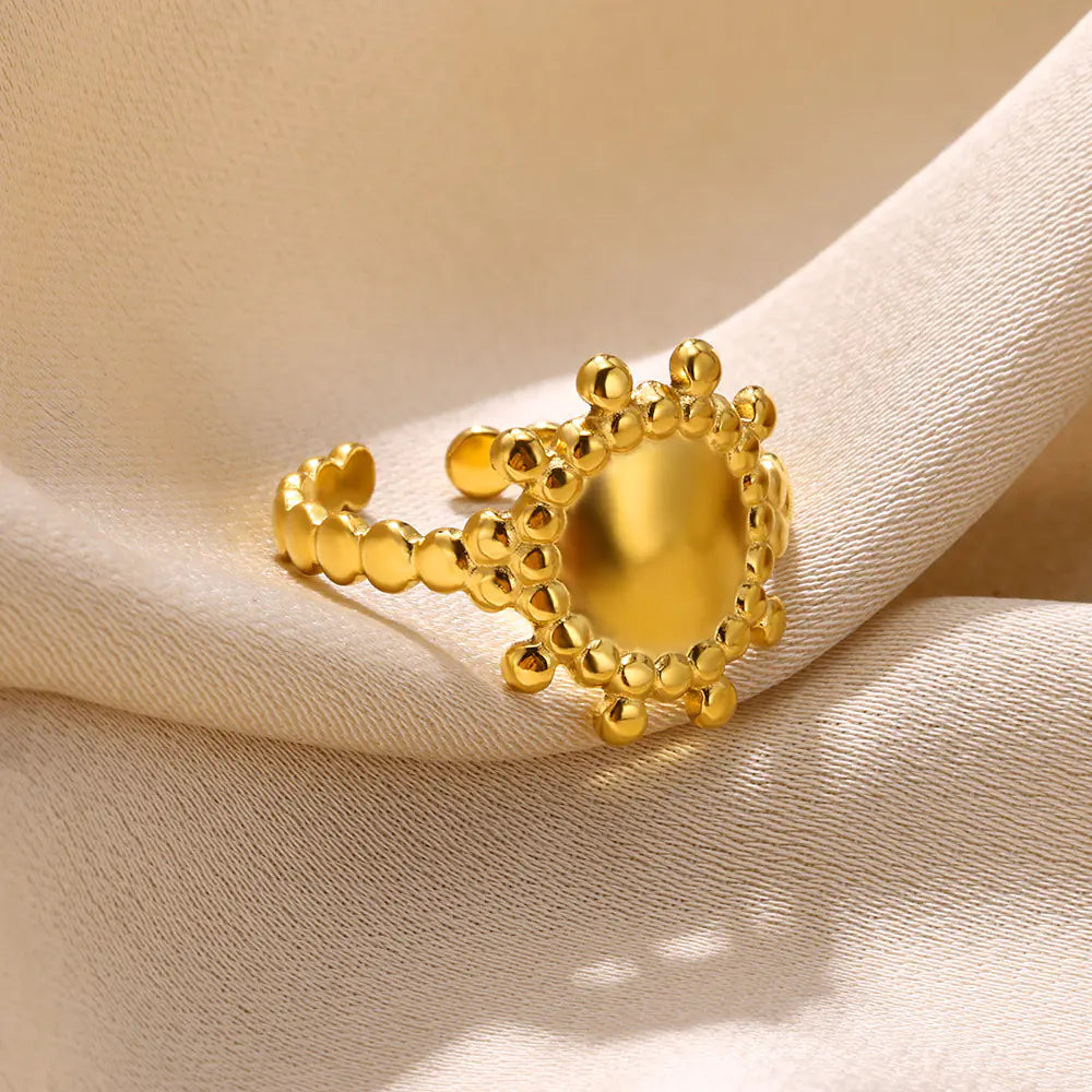 Geometric Stainless Steel Ring with Moon and Leaf Design