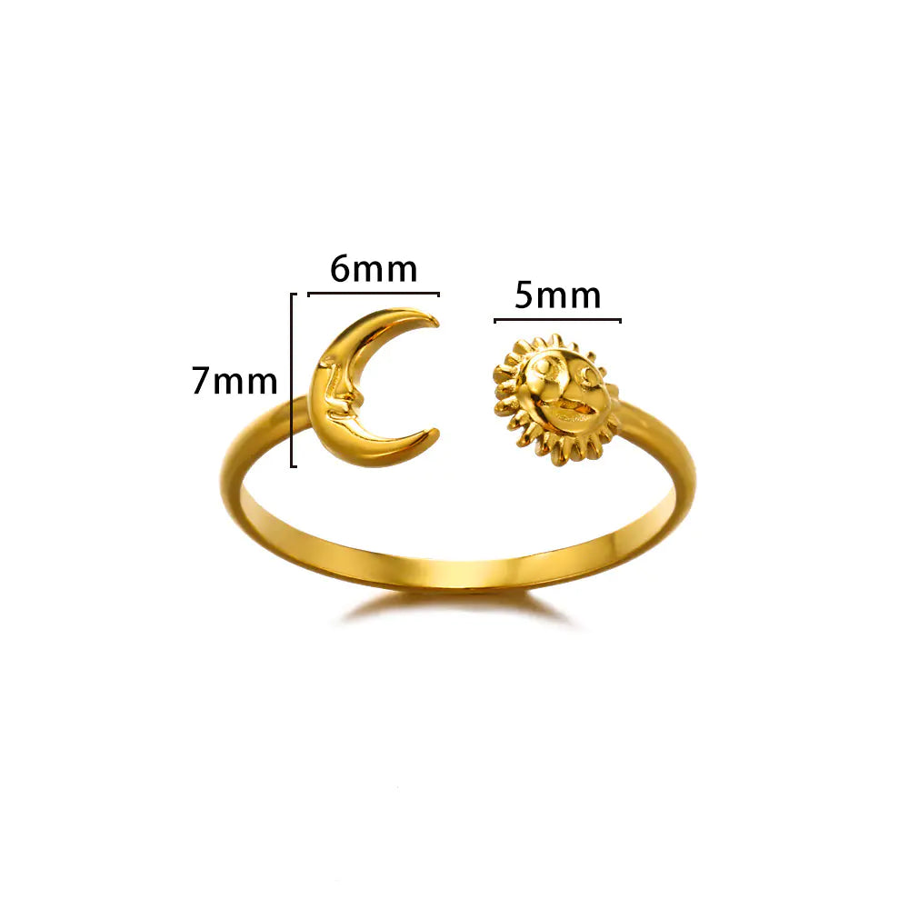 Geometric Stainless Steel Ring with Moon and Leaf Design
