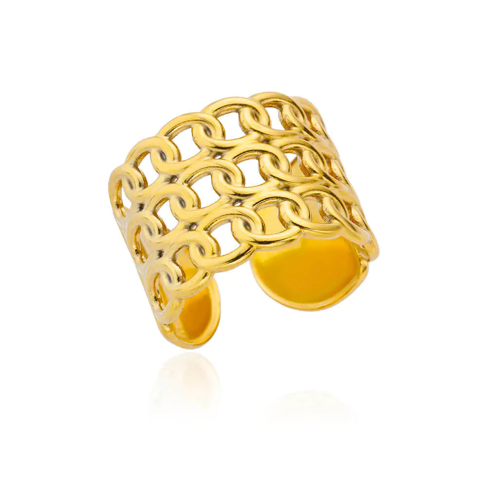 Geometric Stainless Steel Ring with Moon and Leaf Design